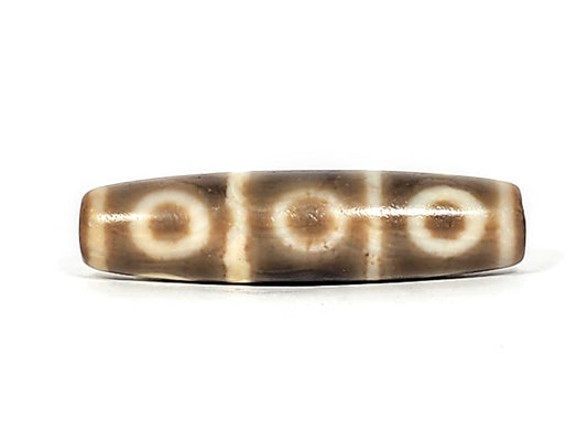 Ancient Eight Eye Dzi bead, 51.3mm — three cream eye circles on warm grey-brown agate, 500–800 yrs