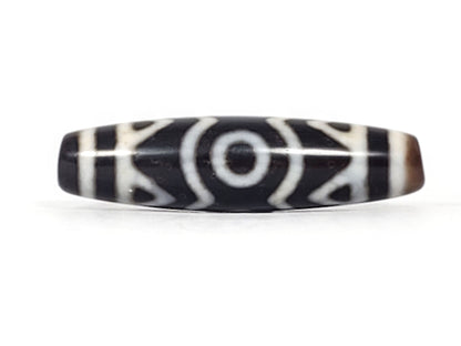 Ancient Tibetan Three Eye and Tiger Tooth Dzi bead, 48mm — deep black natural agate with bold cream etching, three eye circles and tiger tooth pattern — 500+ years old — Anc-0426-3EBS