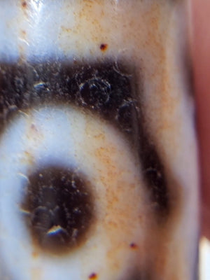 Ancient Tibetan Three Eye Motif Dzi with Extreme Bloodspots - Very Rare (TiD-Anc-XB-ThE-100224)