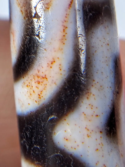 Ancient Tibetan Three Eye Motif Dzi with Extreme Bloodspots - Very Rare (TiD-Anc-XB-ThE-100224)