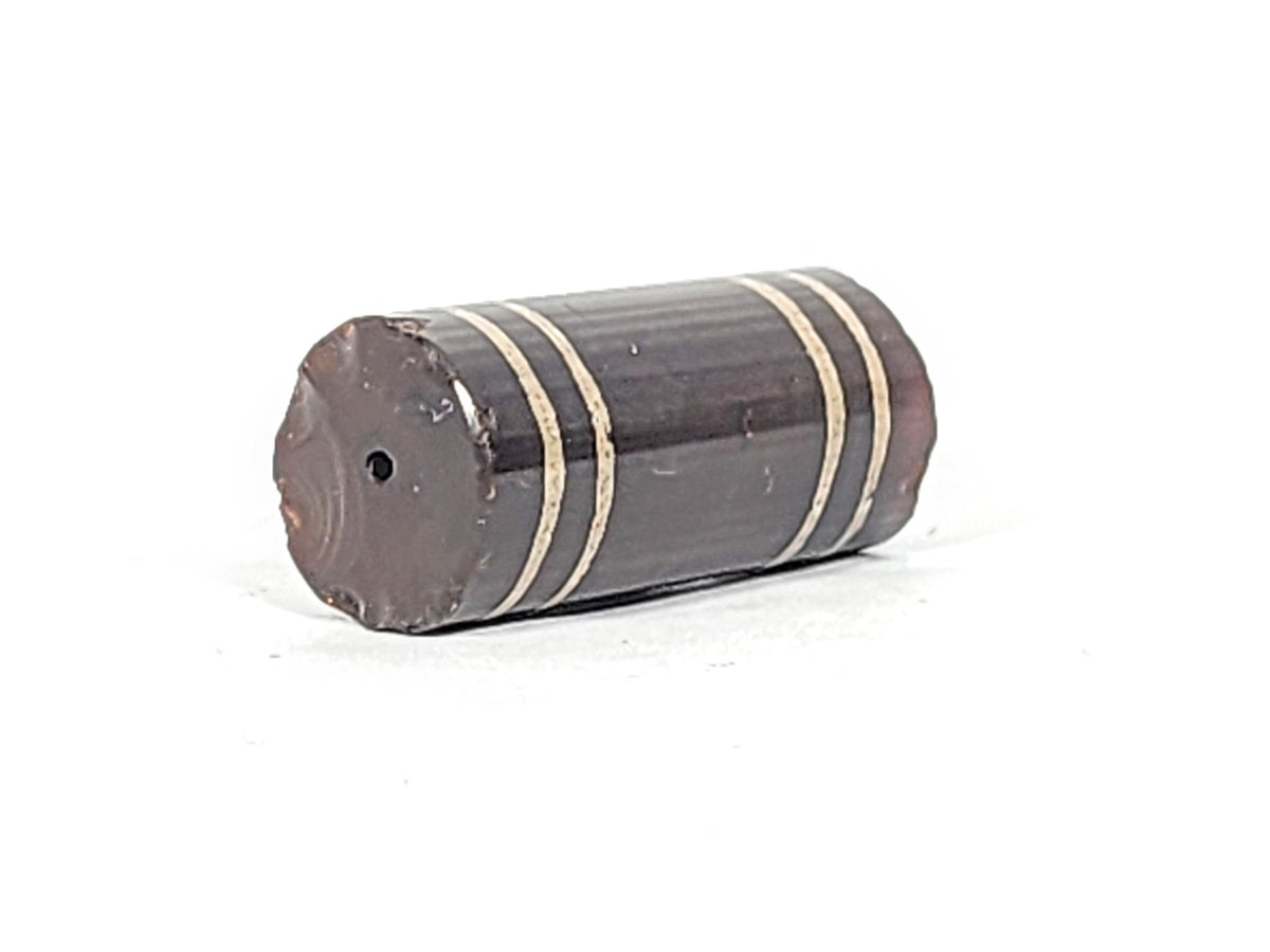 Ac-061426-4Str, top-angle view showing right-end chip, four cream-beige stripe bands, grey-brown ground, unretouched