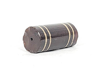 Ac-061426-4Str, top-angle view showing right-end chip, four cream-beige stripe bands, grey-brown ground, unretouched