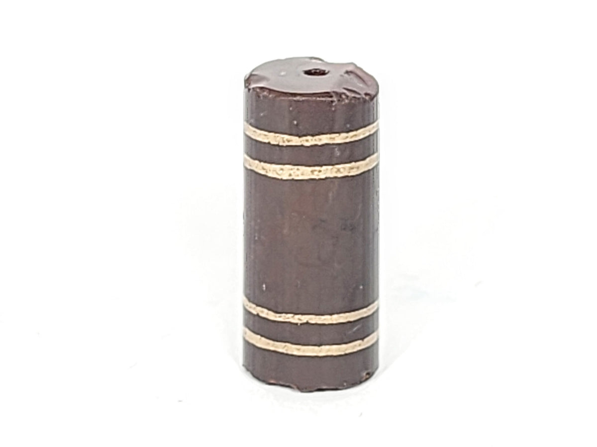Ac-061426-4Str, left end showing moderate chip and fracture line, drill hole intact, deep grey-brown, unretouched