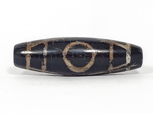Ancient Tibetan Two Eye Dzi bead, 45.1mm, deep black agate with heavy cream calcification — 1,500–2,000 years old — Anc-0426-TwE