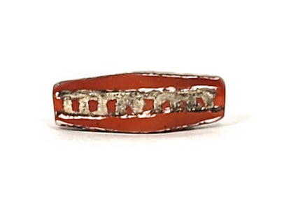 Ac-010825-4RT hero face A, 28.9×11.2mm terracotta-red carnelian, rail track band, silver-grey cells, unretouched