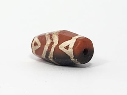 Ac-061126-TSTT opposite end, vivid terracotta-red drill hole face, weathered bore, tiger motif wrapping body, unretouched