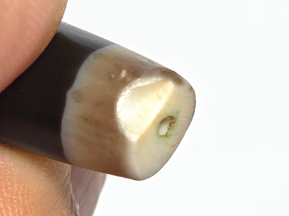 Ac-061526-1SBW, Face C, pitch-black ridge on dark body, bright highlight line, pale translucent end caps, unretouched