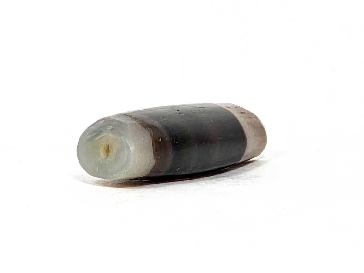 Ancient single stripe chung dzi bead, black white agate, belly form, medicine-chipped drill holes, natural patina, 26mm