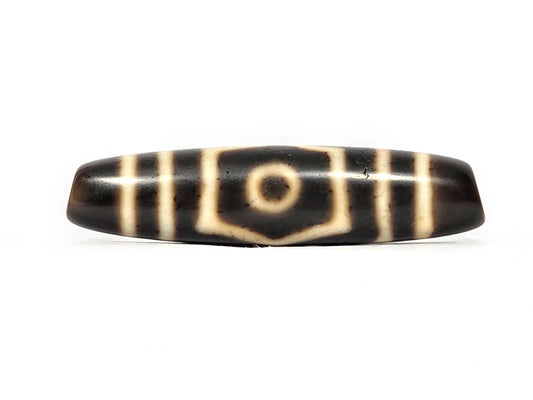 Ancient Tibetan Three Eye Dzi bead, 51.5mm, dark natural agate with three cream etched eye circles — 500+ years old — Anc-0426-ThE