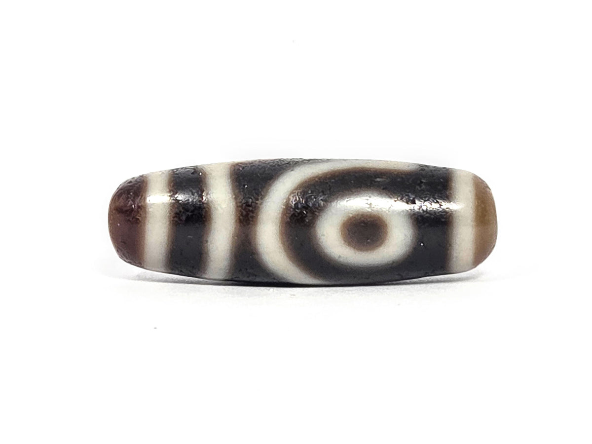 Ac-073026-2E ancient two eye dzi pitch-black agate connector face zigzag cream wave lines unretouched