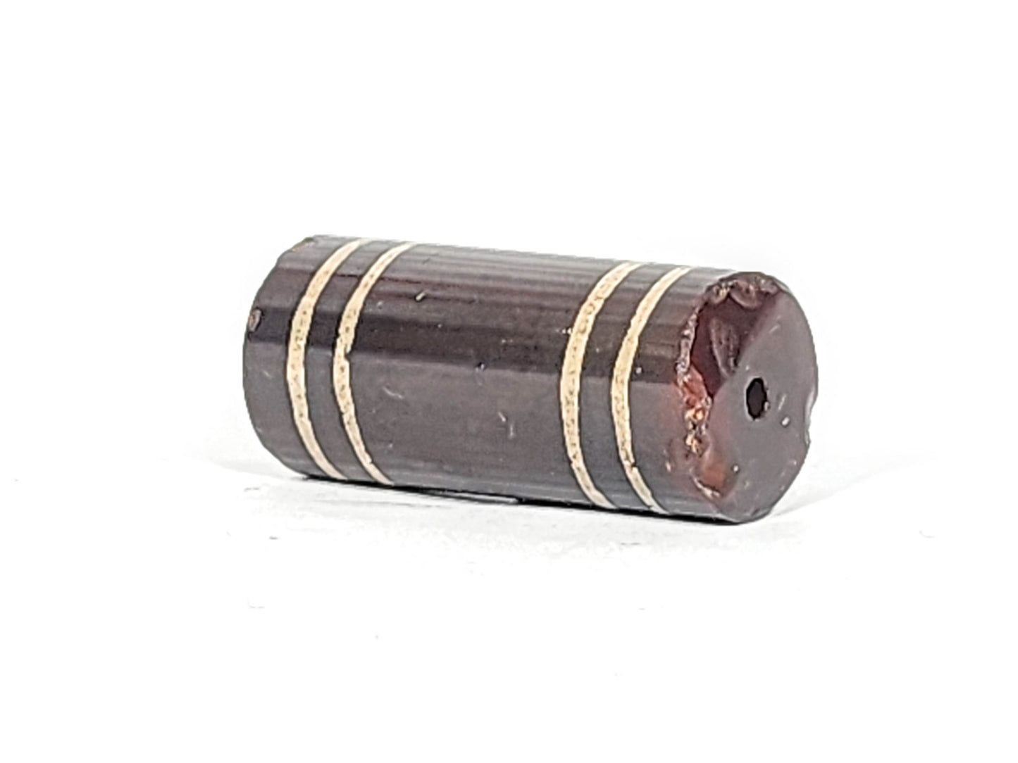 At-061426-4Str antique agate dzi, 32.3×14.3mm, RIGHT END CHIP — ragged multi-fracture, drill hole intact, unretouched