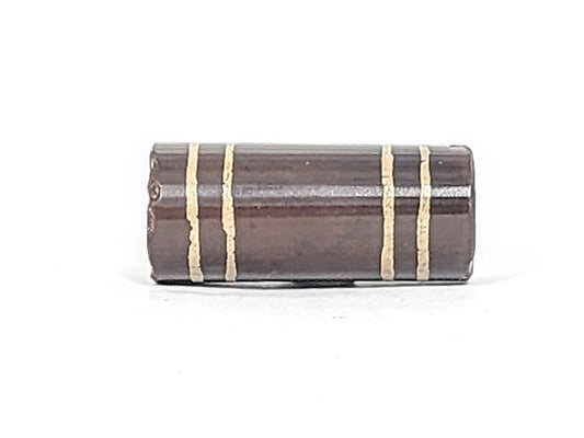 At-061426-4Str antique agate dzi barrel, full body, four cream-white stripe bands, deep cool grey-brown, unretouched