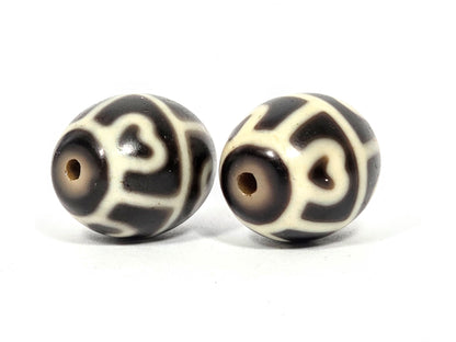 Authentic Antique Six-Eye Lotus Motif Tibetan Dzi Beads - Rare Round Agate Pair