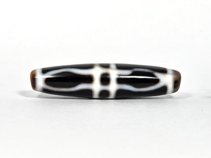 At-090226-3VJBS antique triple vajra dzi 48.6x11.5mm very dark brown agate primary face unretouched