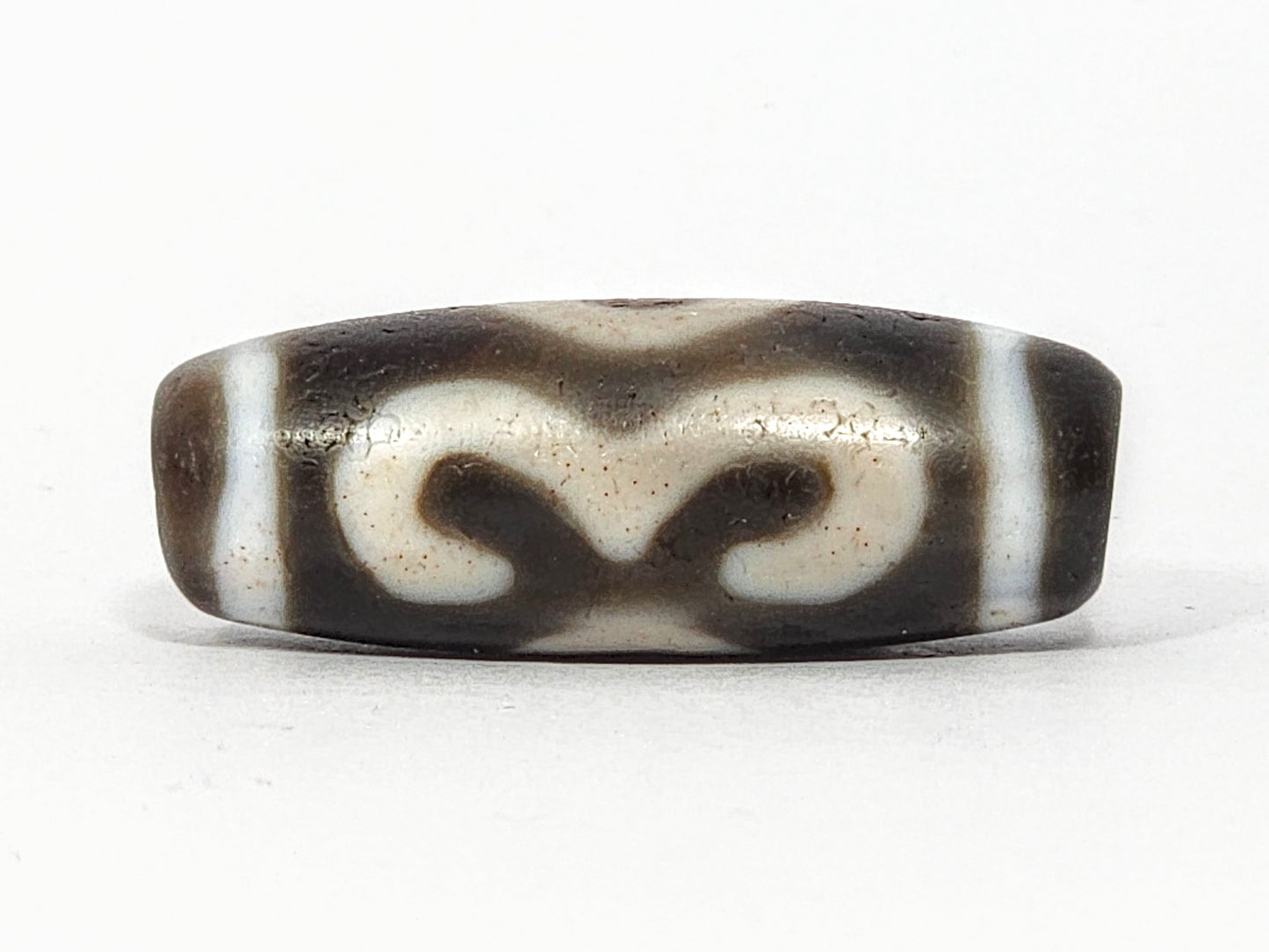 Antique Double Bat & Two Eye Motif Tibetan Dzi Bead (060725) with Bloodspots