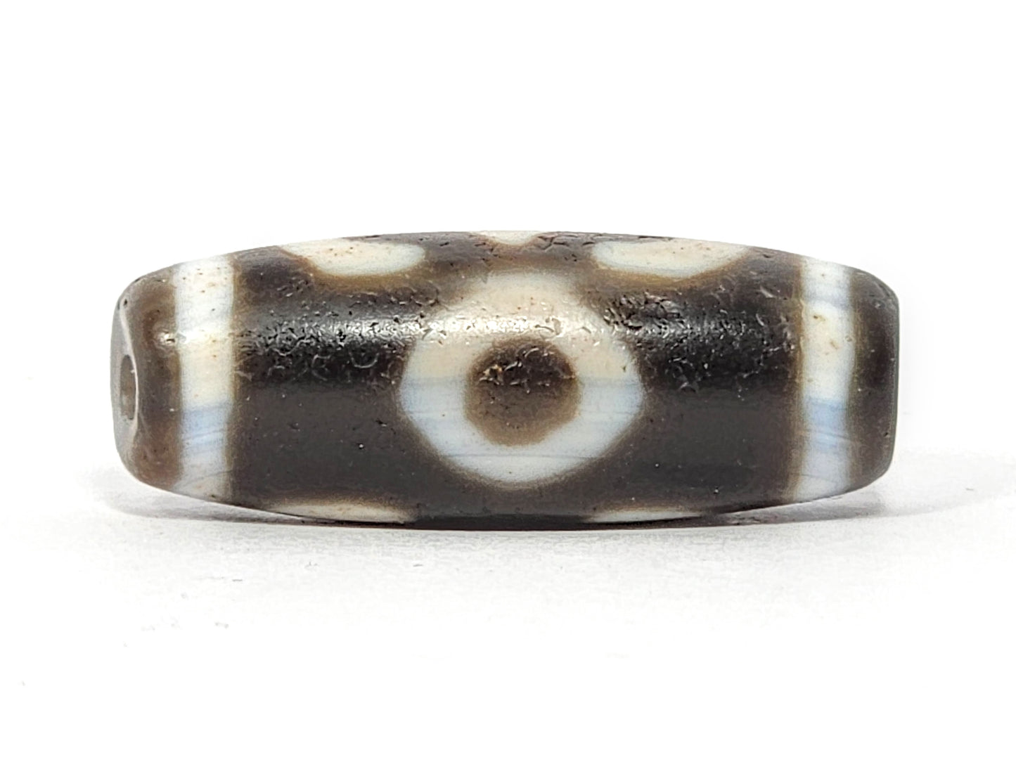 Antique Double Bat & Two Eye Motif Tibetan Dzi Bead (060725) with Bloodspots