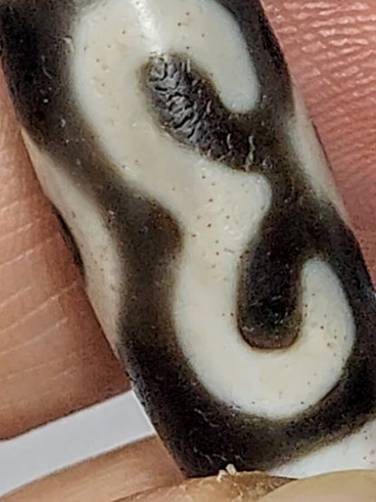 Antique Double Bat & Two Eye Motif Tibetan Dzi Bead (060725) with Bloodspots