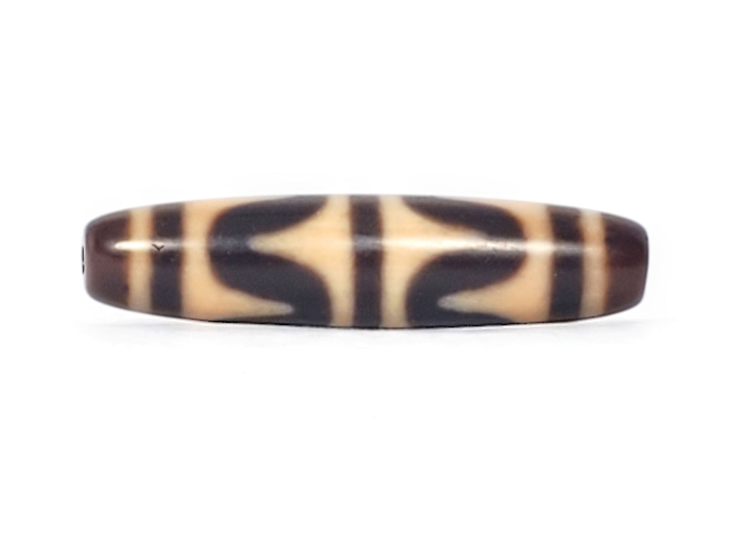 Antique Tibetan Double Wave dzi bead side A, cream agate with tall arch wave pair and brown stripes, At-052526-DW4