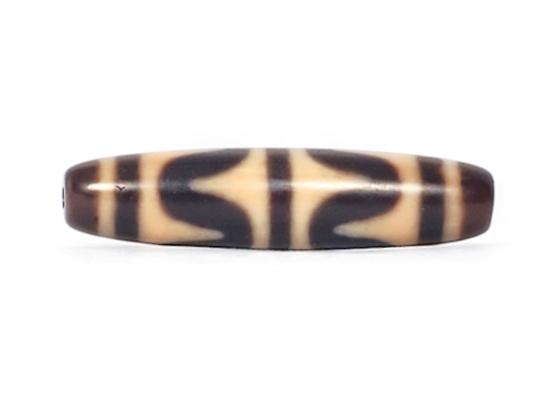 Antique Tibetan Double Wave dzi bead side A, cream agate with tall arch wave pair and brown stripes, At-052526-DW4