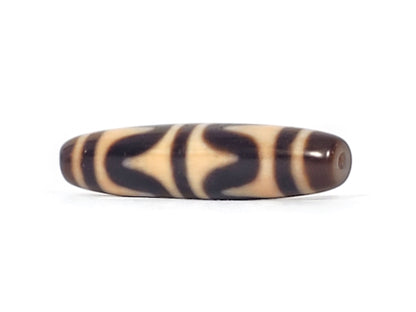 Opposite end of antique Tibetan Double Wave dzi bead showing centred drill hole in brown agate cap, At-052526-DW4