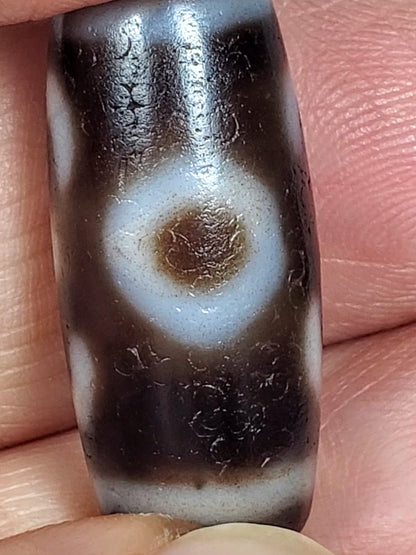 Antique Double Bat & Two Eye Motif Dzi Bead with Bloodspots