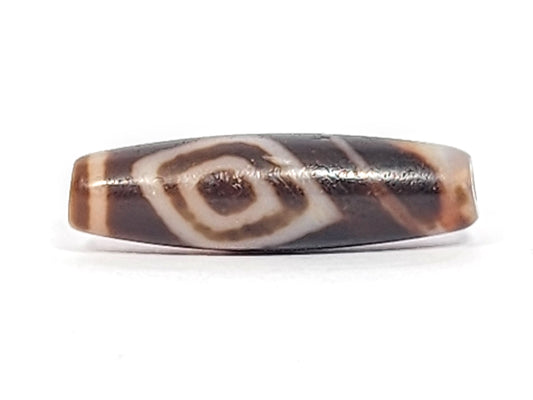 Antique Tibetan dzi bead eye-in-eye heaven gate three-eye motif agate brown white etched pattern aged patina oval barrel shape