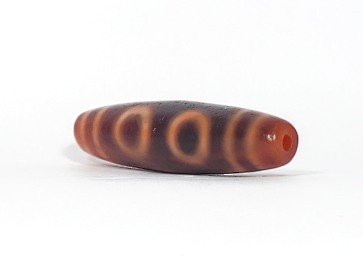 At-060126-4E2, angled End A, warm terracotta-orange end cap with drilled hole, three eyes visible on body, unretouched