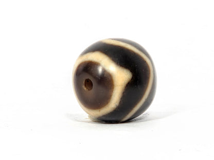 At-111325-WTT antique round wave tiger tooth dzi, drill end view, chocolate-brown end cap, hole centred, unretouched