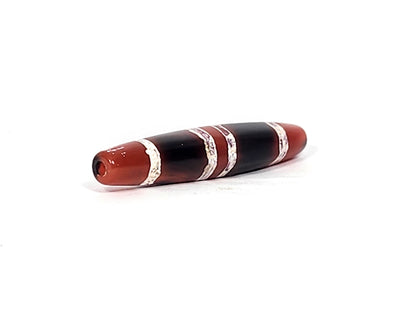 At-122324-3TS antique 3-stripe carnelian dzi, 48.7×9.4mm, full body, bicolour terracotta-red/black, unretouched