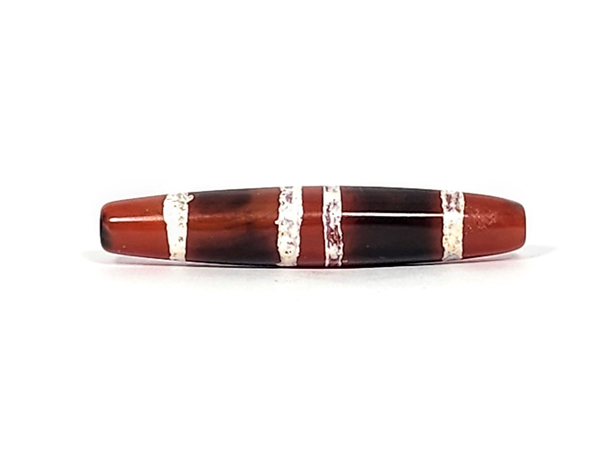 At-122324-3TS antique 3-stripe carnelian dzi, 48.7×9.4mm, left drill hole, terracotta-red end cap, unretouched