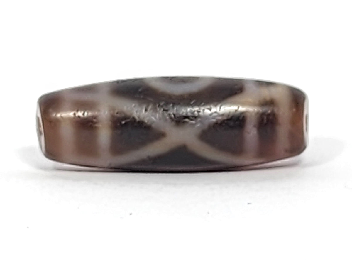 Antique two-eye dzi bead brown agate white X motif bloodspots aged patina visible drill holes collectible Tibetan
