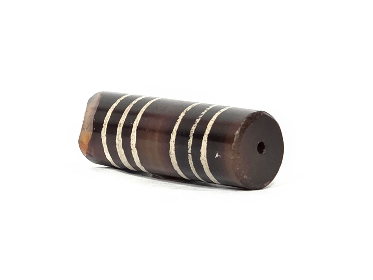 Ac-062226-6Str, chipped end showing natural orange-brown agate interior exposed, drill hole intact, unretouched