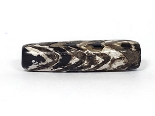 Ancient Tibetan Four-Row Tiger Tooth Dzi bead, 32.7mm — deep black agate with four rows of bold cream chevron pattern under heavy calcification — 800–1,000 years old — Anc-0426-4TT