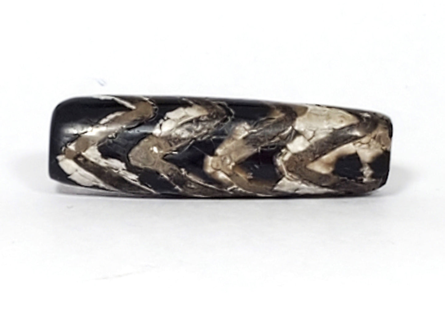 Fourth view of ancient Four-Row Tiger Tooth Dzi bead — calcification building heavily on left, four-row tiger tooth chevron clear on right, 32.7mm natural agate