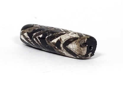 Opposite end of ancient Four-Row Tiger Tooth Dzi bead — drill hole visible, full barrel profile showing calcification depth, 800–1,000 year old genuine Tibetan Dzi