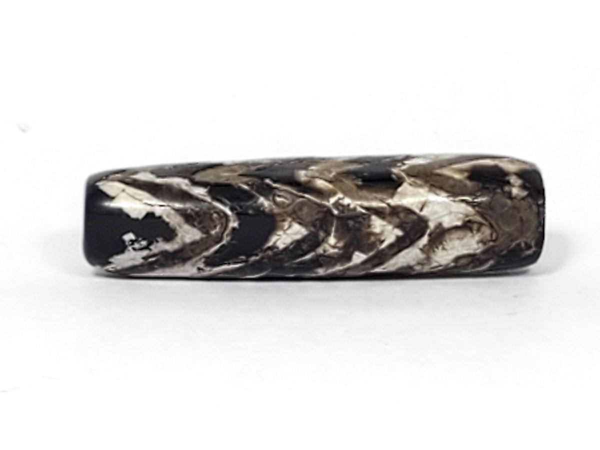 Ac-071026-4TT ancient tiger tooth dzi bead 32.7x9.7mm pitch-black agate four rows calcification face 1 unretouched