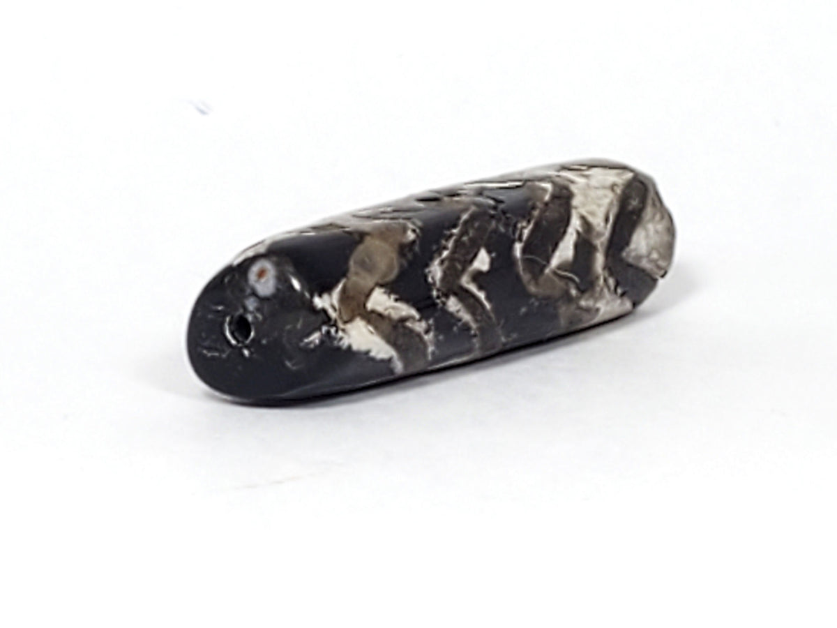 Ac-071026-4TT ancient tiger tooth dzi bead angled view drill end calcification wrap small hole unretouched