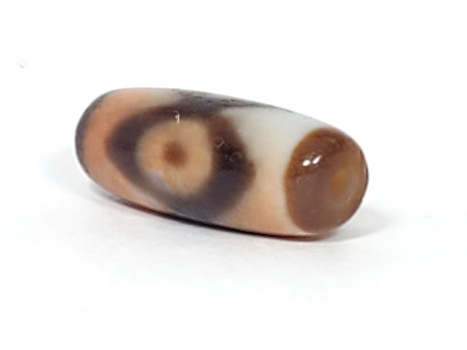 N-062226-3E, angled end view showing eye and warm honey-brown glossy end cap, drill hole visible, unretouched