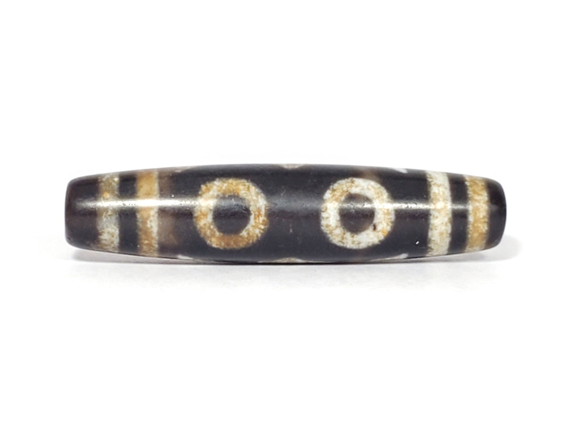 N-062426-3E2 new three eye dzi 57.9x13.3mm Face C two eyes warm rust-brown halo banding near-black agate unretouched