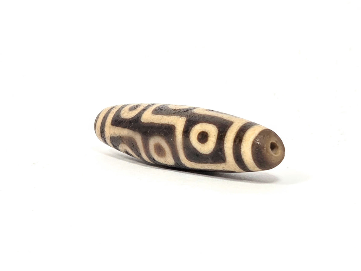 Ac-032326-9E5 left drill hole end, sandy-tan tip, age-granular cream-white surface texture visible, unretouched