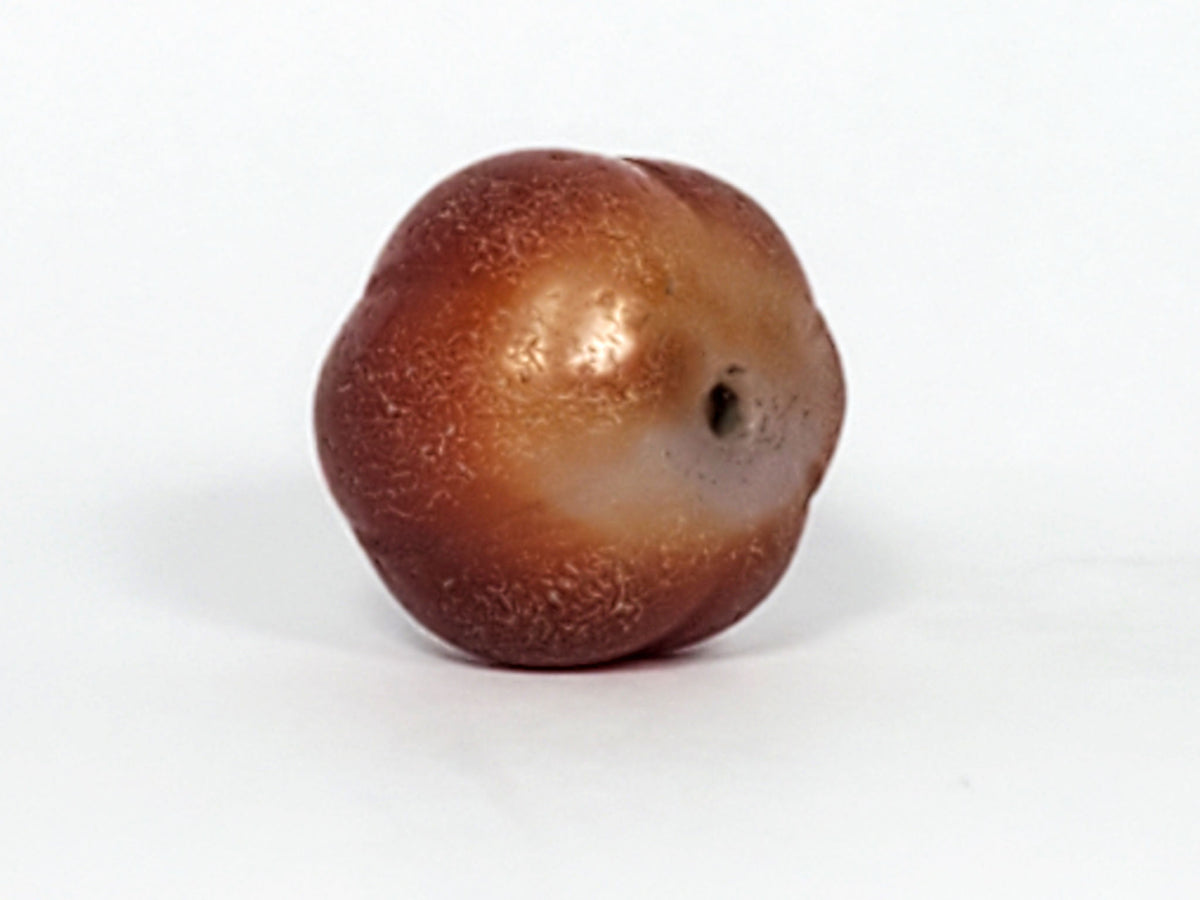 Ac-061126-PKP Bead A front, deep reddish-brown carnelian, dense crackle texture on lobe valleys, ribbed form, unretouched