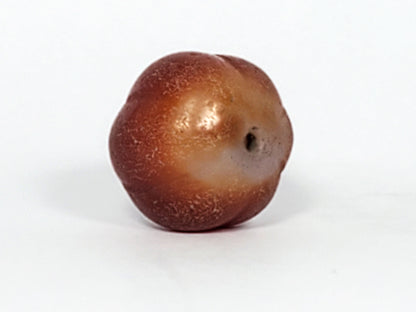 Ac-061126-PKP Bead A front, deep reddish-brown carnelian, dense crackle texture on lobe valleys, ribbed form, unretouched