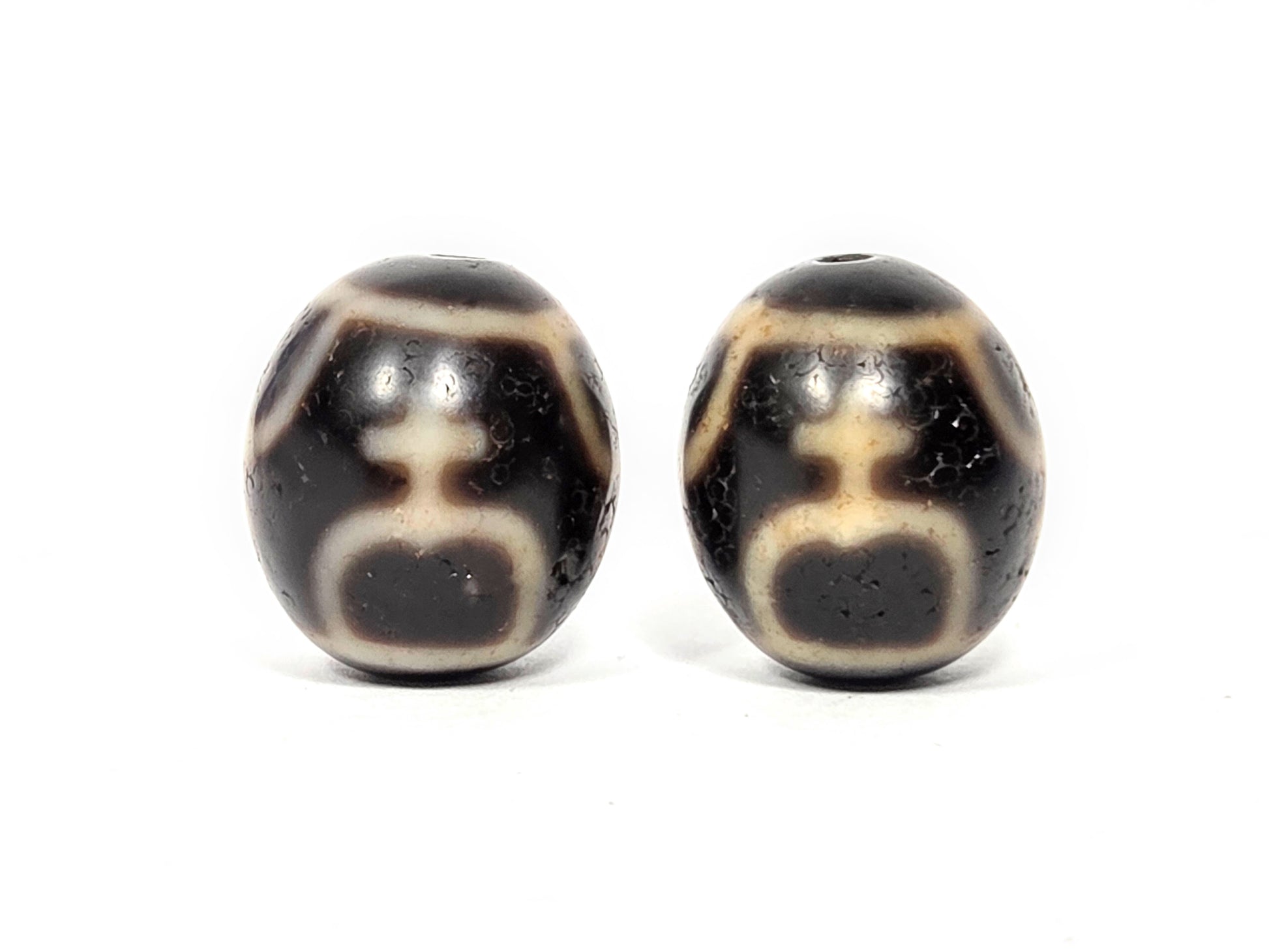 Matched pair of vintage round Treasure Vase Dzi beads, Taiwan 1980s, natural black and ivory agate, 20mm
