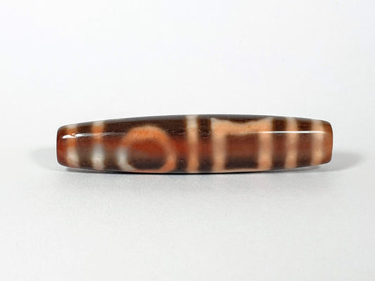 Antique Qing Dynasty double heaven earth dzi bead, brown agate, white eye circles, striped motif, high polish patina