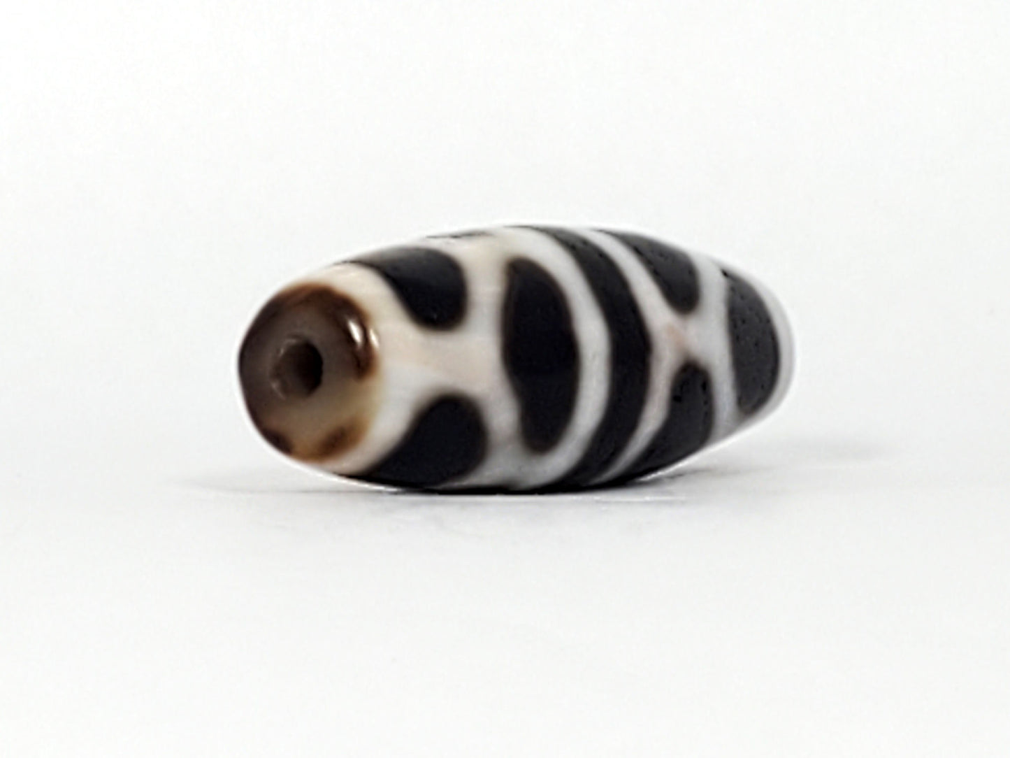 V-092824-DLBS Double Longevity dzi bead, angled end view, warm brown drill tip and cream-white body, unretouched
