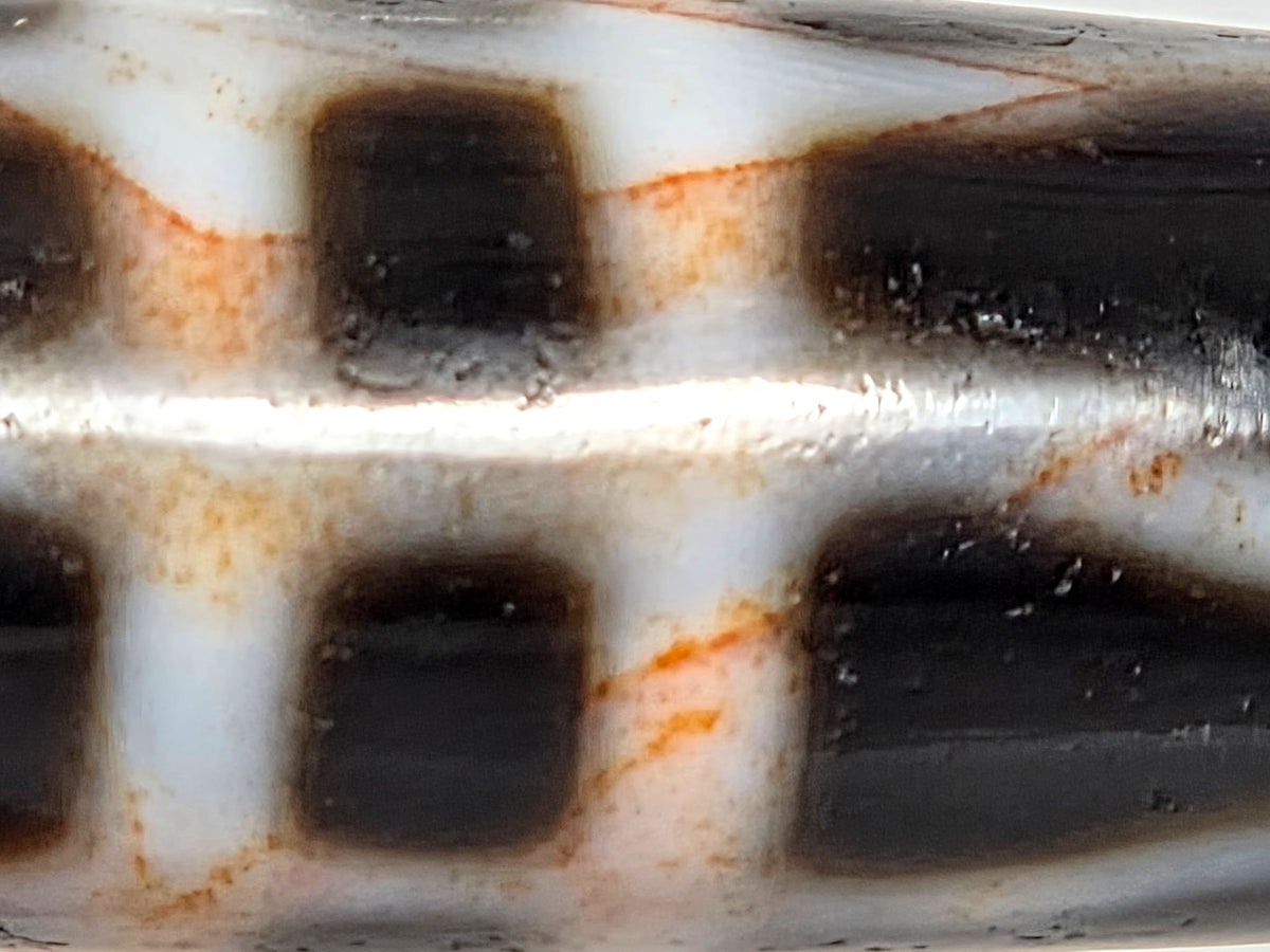 V-070526-3VjBS macro opposite face, warm brick-red cinnabar bloodspots, cream zone boundary, unretouched