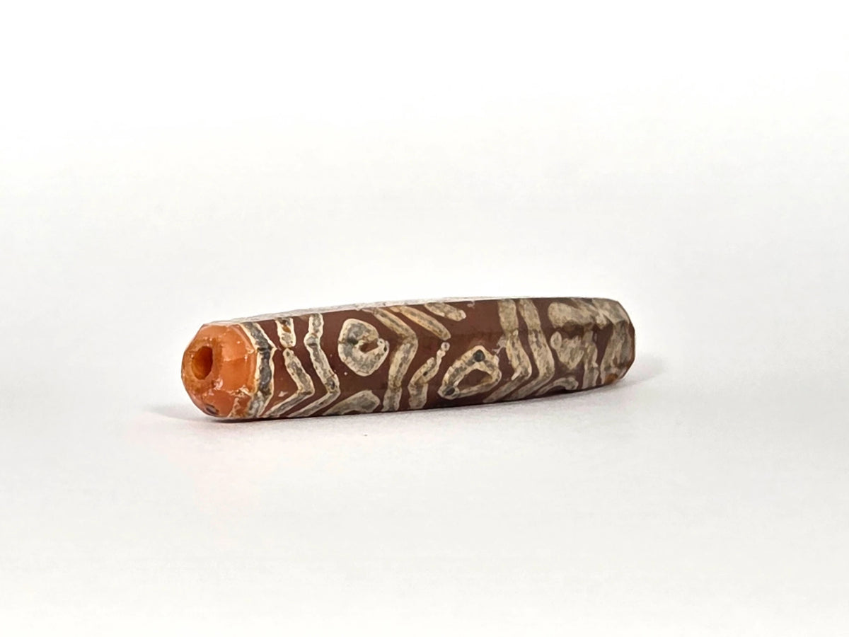 Angled end view of ancient etched carnelian bead AC-101426-12E showing drill hole aperture at warm orange carnelian tip, octagonal cross-section visible, and grey-white mineral calcification encrusting the tip face — natural age deposit confirming antiquity, 1500–2000 years old