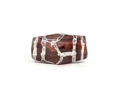 Second lateral profile of ancient carnelian tortoise shell longevity bead showing heavily mineralised white geometric panel motif on deep purple-brown carnelian, octagonal faceted form, 24.4 mm