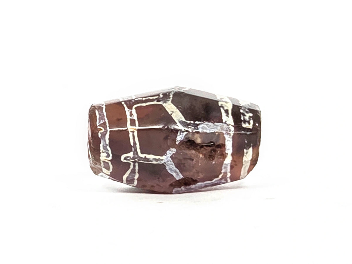 Fourth lateral profile of ancient carnelian tortoise shell longevity bead showing geometric panel composition in extreme mineralised etching, deep brown-purple carnelian, 24.4 mm × 16.6 mm