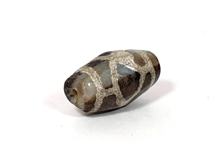Angled view of ancient Tortoise Shell Dzi — blue-grey agate, cream panel lines, oval barrel profile